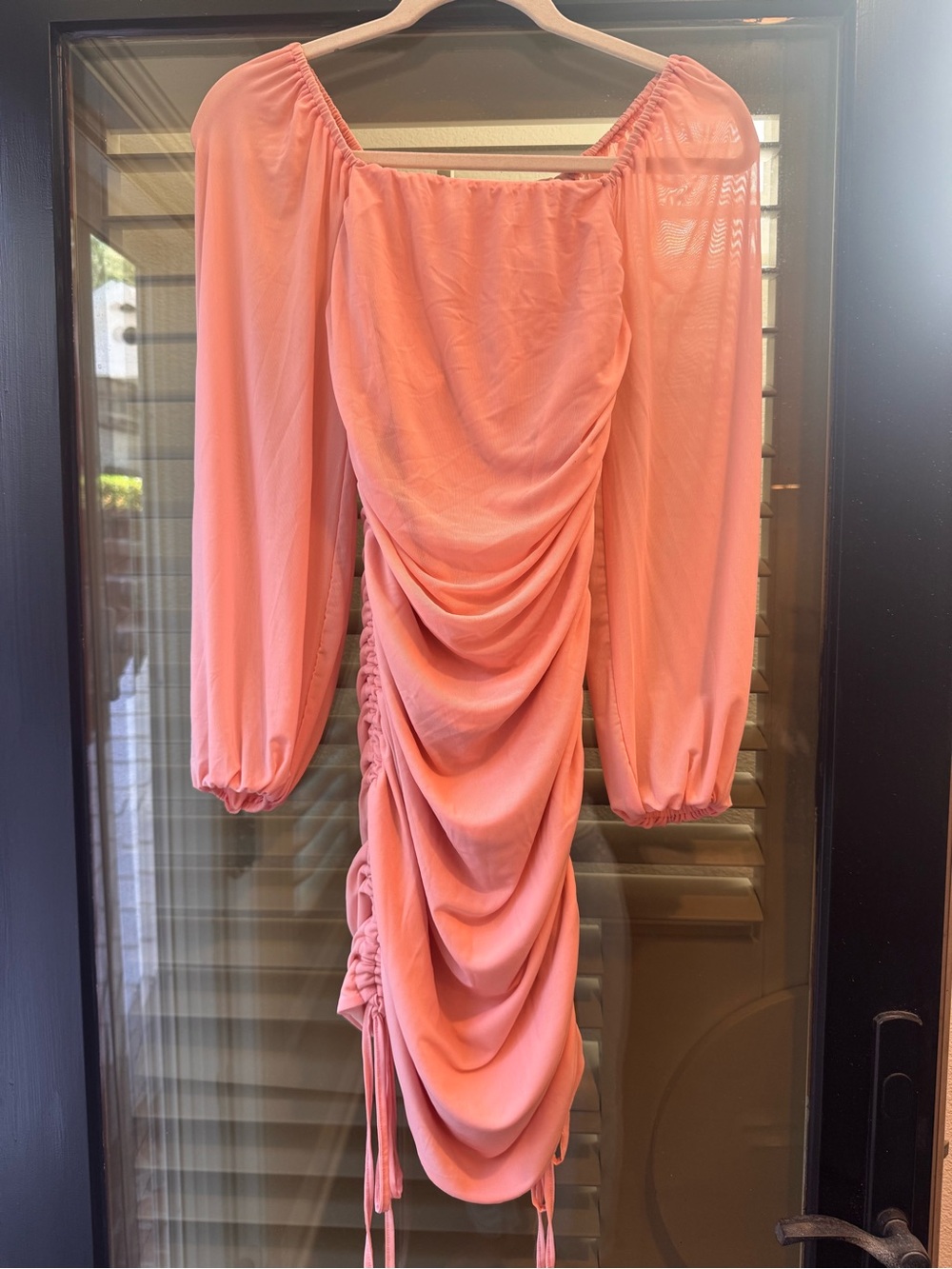 Womens Peach Pink Ruched Long-Sleeve Dress